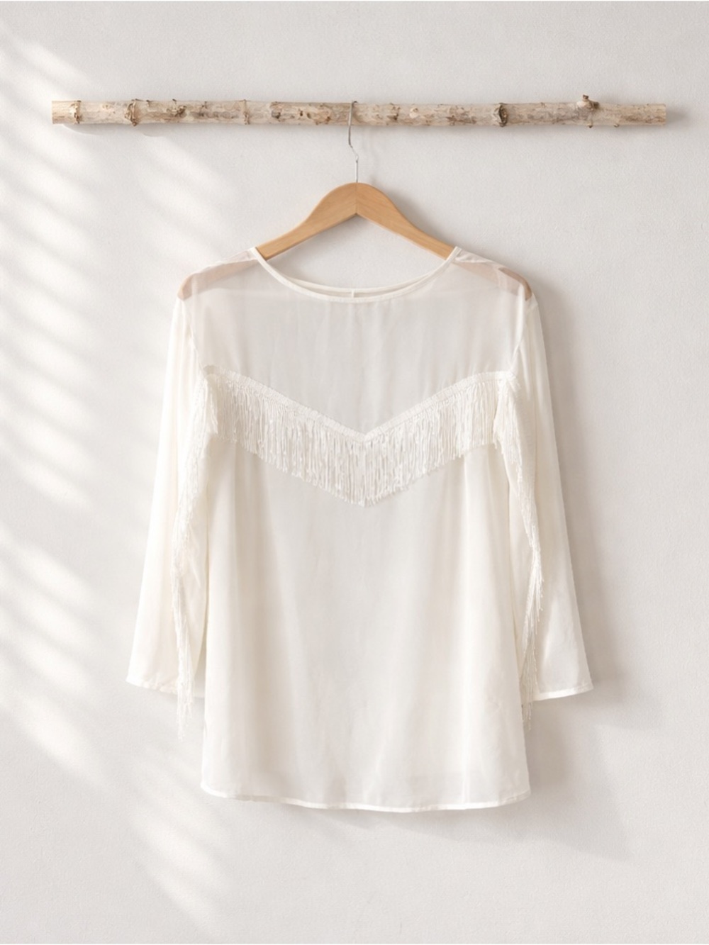 SHEIN Ivory Sheer Blouse Women’s Fringe Trim Long Sleeve Festival Boho country